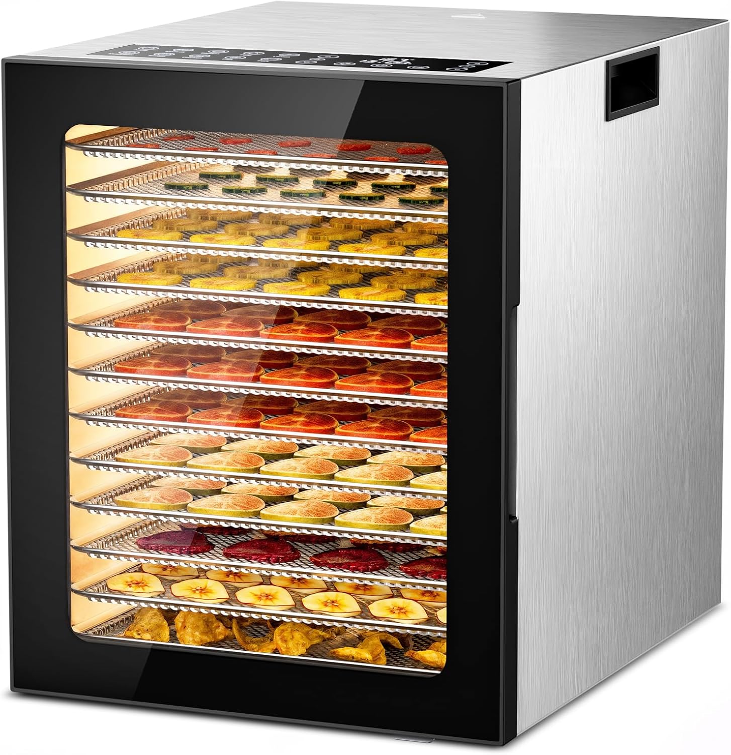 Color Silver Food Dehydrator for Jerky, Fruit, Meat, Herb, Beef, Mushroom, 12 Trays Large Dryer Machine, Commercial Stainless Steel Dehydrators, 48H Timer and Temperature Control, 850W, ETL Approved